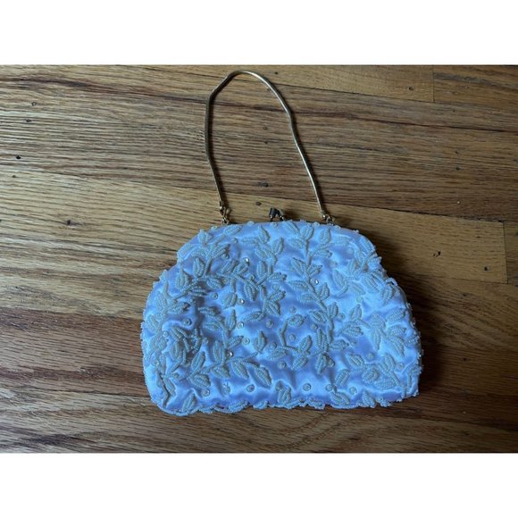 Vintage Off-White Beaded, Sequin + Silk Purse with Gold Chain Made in Hong Kong - Picture 2 of 3